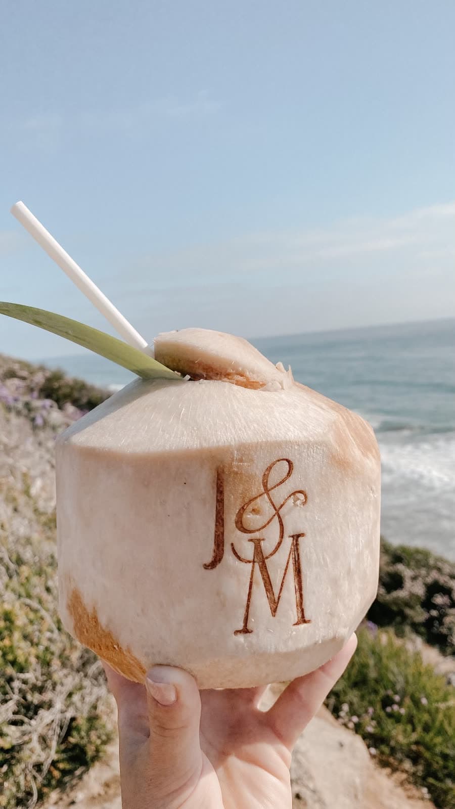 J & M monogrammed coconut held up against the ocean